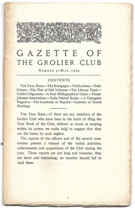 Item #65930 GAZETTE OF THE GROLIER CLUB, Number 3 - May, 1922