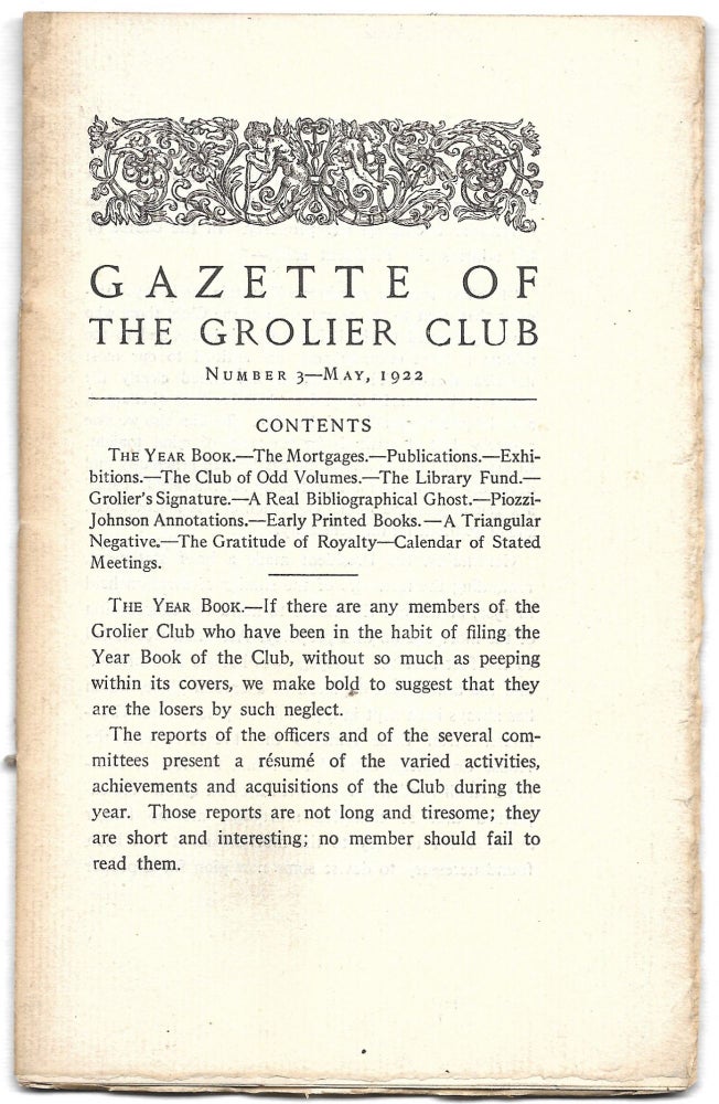 Item #65930 GAZETTE OF THE GROLIER CLUB, Number 3 - May, 1922.
